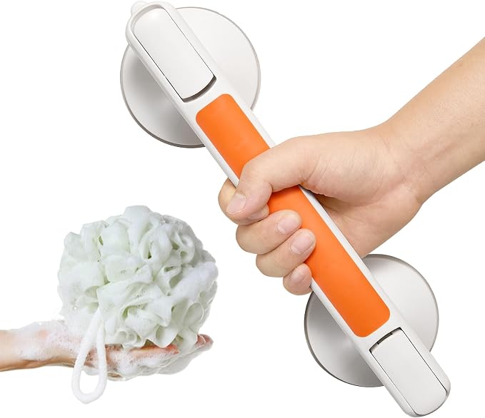 Grab Bar for Bathtubs and Showers, Zynuhmo 12'' Suction Safety Grab Bar with 1PCS Bath Ball Suction Cup Shower Handles No Drilling Handrails for Seniors Elderly Kids Bathroom Assist Support(Orange)