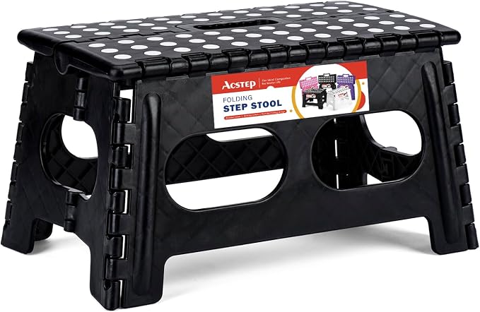 ACSTEP Folding Step Stool,15-Inch Extra Wide 9 Inch Height Heavy Duty Stepping Stool Safer and More Comfortable Non Slip Foldable Step Stool for Kids and Adults Black