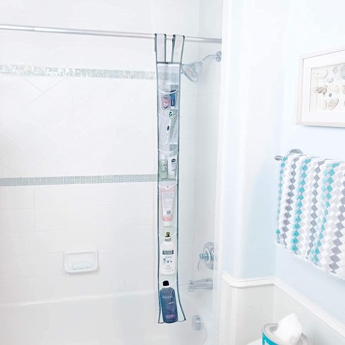 Skywin 7 Pockets Hanging Shower Curtain Liner Caddy 60 x 6 Inches - 100% Polyester Mesh Shower Caddy Hanging - Shower Organizer for Shower Rod or Door - Quick Dry Fabric with Adjustable Velcro Strap