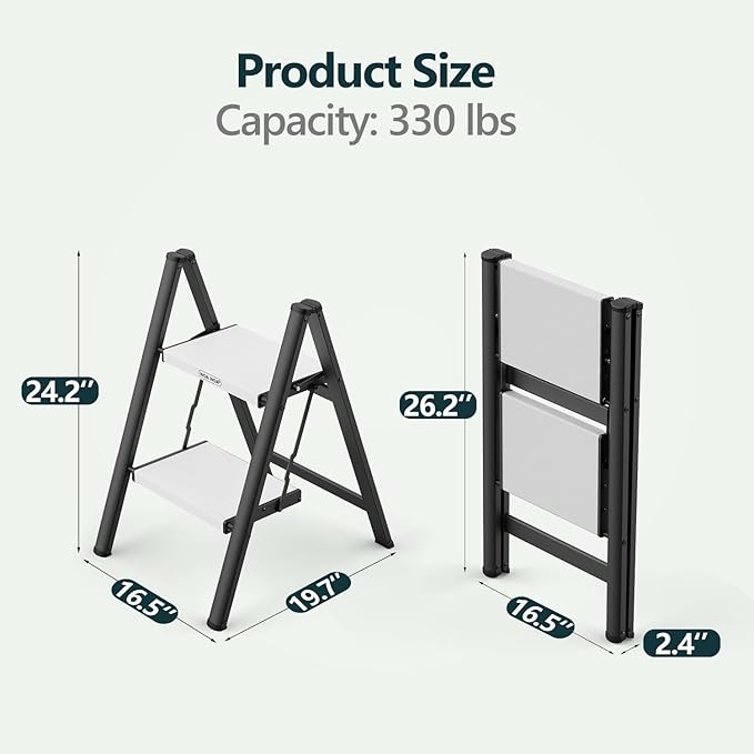 WOA WOA 2 Step Ladder, Folding Step Stool with Wide Non-Slip Aluminum Pedals, Stable and Portable, 330 lbs Capacity, for Home, Kitchen, Office - Black & White