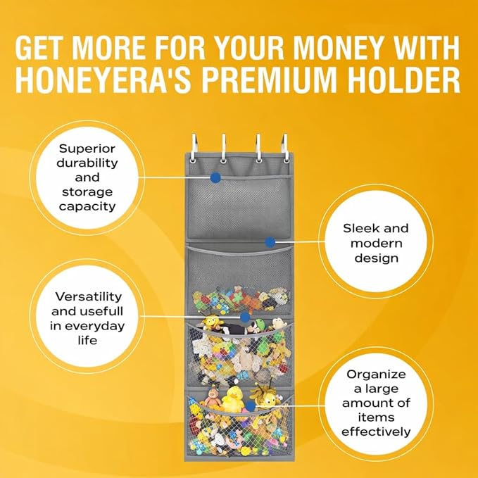 Honeyera Storage for Stuffed Animal - Over Door Organizer for Stuffies, Baby Accessories, and Toy Plush/Easy Installation with Breathable Hanging Pockets (Gray)