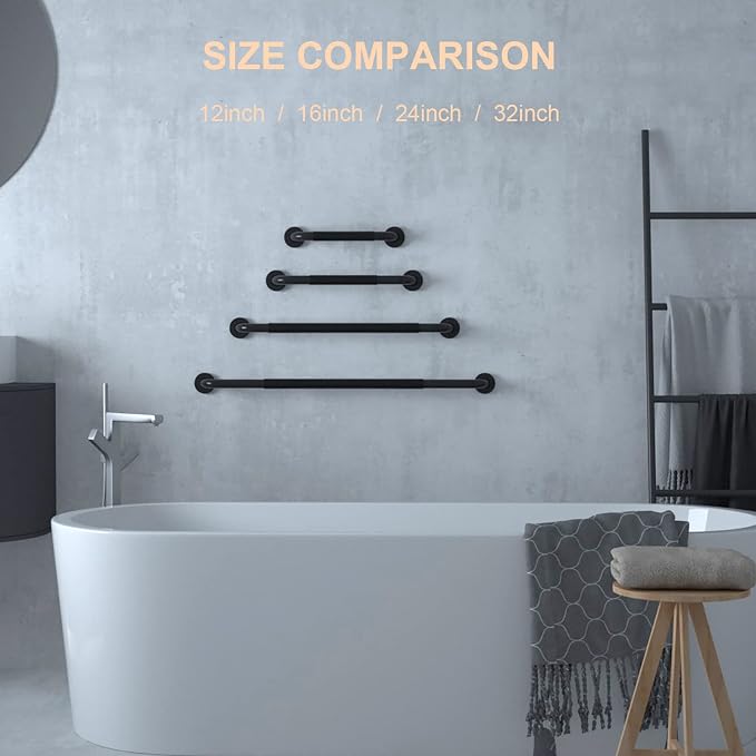 12 Inch Black Shower Grab Bar w/Anti Slip Rubber Grip, ZUEXT Stainless Steel Bath Grab Bar, Bathroom Balance Bar, Wall Mount Safety Handrail Support, Handicap Injury Elderly Senior Assist Handle