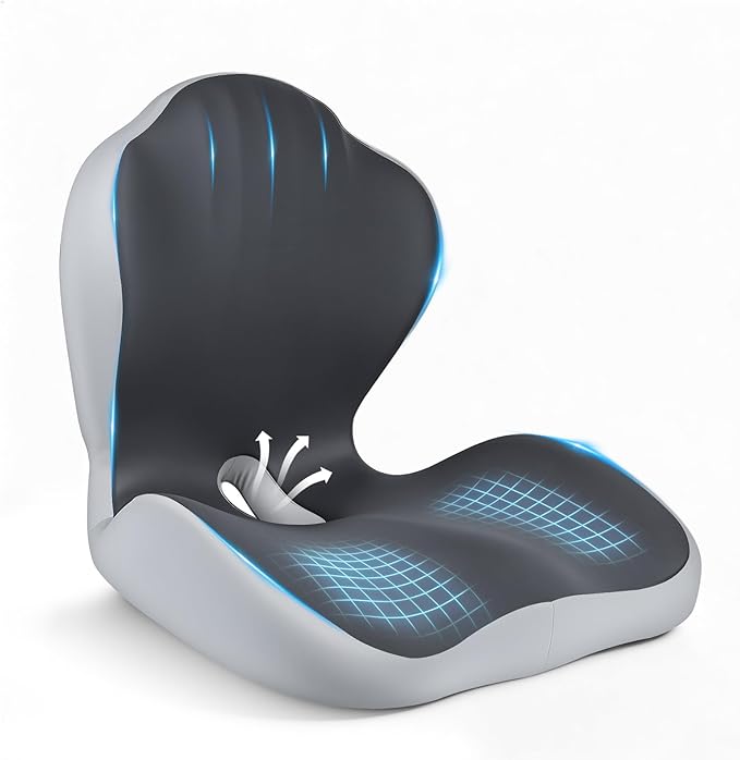 Ergonomic Seat Cushion for Tailbone Sciatica Lower Back Pain Relief, Gray L-Shaped Seashell Memory Foam Coccyx Hollow Cushion, 2-in-1 Lumbar Back Support Pillow for Office Gaming Car Chair