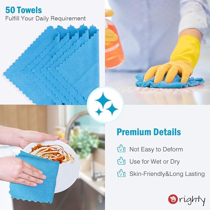 Orighty Microfiber Cleaning Cloth Bulk, Shop Towels Shop Rags 50 Pack, Reusable Microfiber Cleaning Rags for Cars, Multi-Purpose Lint Free Towels for Home & Kitchen, 12x12 Inch, Blue