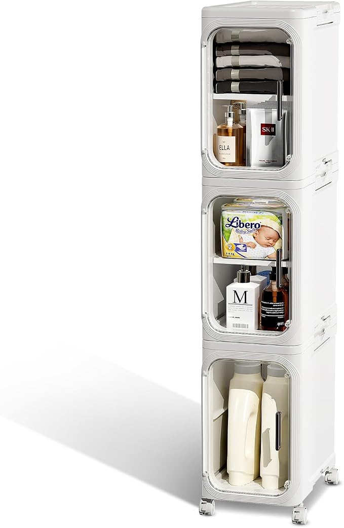 JOYZAN Narrow Bathroom Storage Cabinet with Movable Wheels, Slim Storage Cabinet with 3 Doors & Removable Panel, Skinny Bathroom Organizers and Storage for Small Space, Corner, Kitchen, Laundry