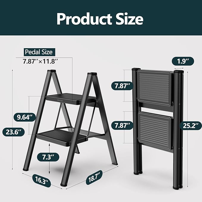 WOA WOA Step Ladder for Home, Foldable Step Stool for Kitchen with Non-Slip Pedals, Sturdy Ladders Supports up to 330 lbs, Compact and Portable - 2 Step/Black