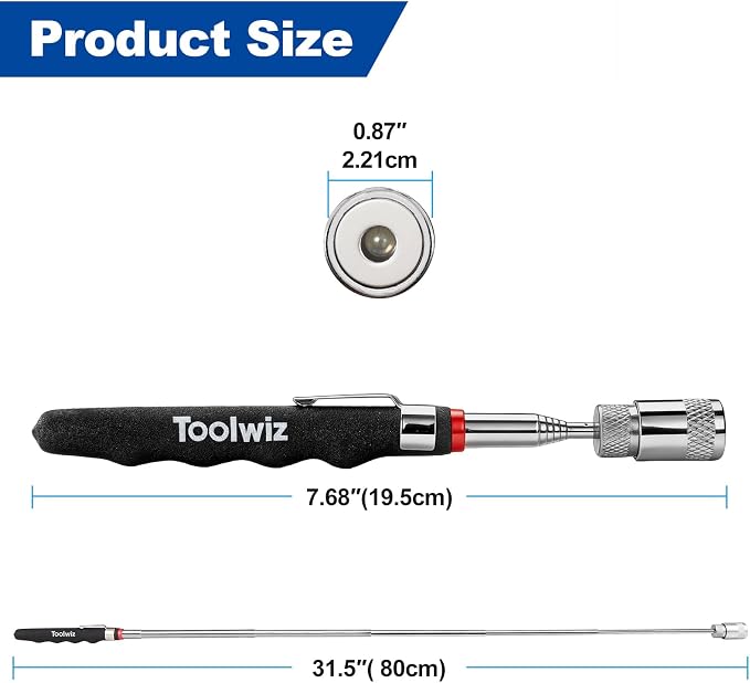 Toolwiz 15" Rolling Magnetic Sweeper 10lbs, with 8 lbs Telescopic Magnetic Pick Up tools with LED light– Telescoping Holder to Pick Up Nails Magnetic Sweeper for Construction