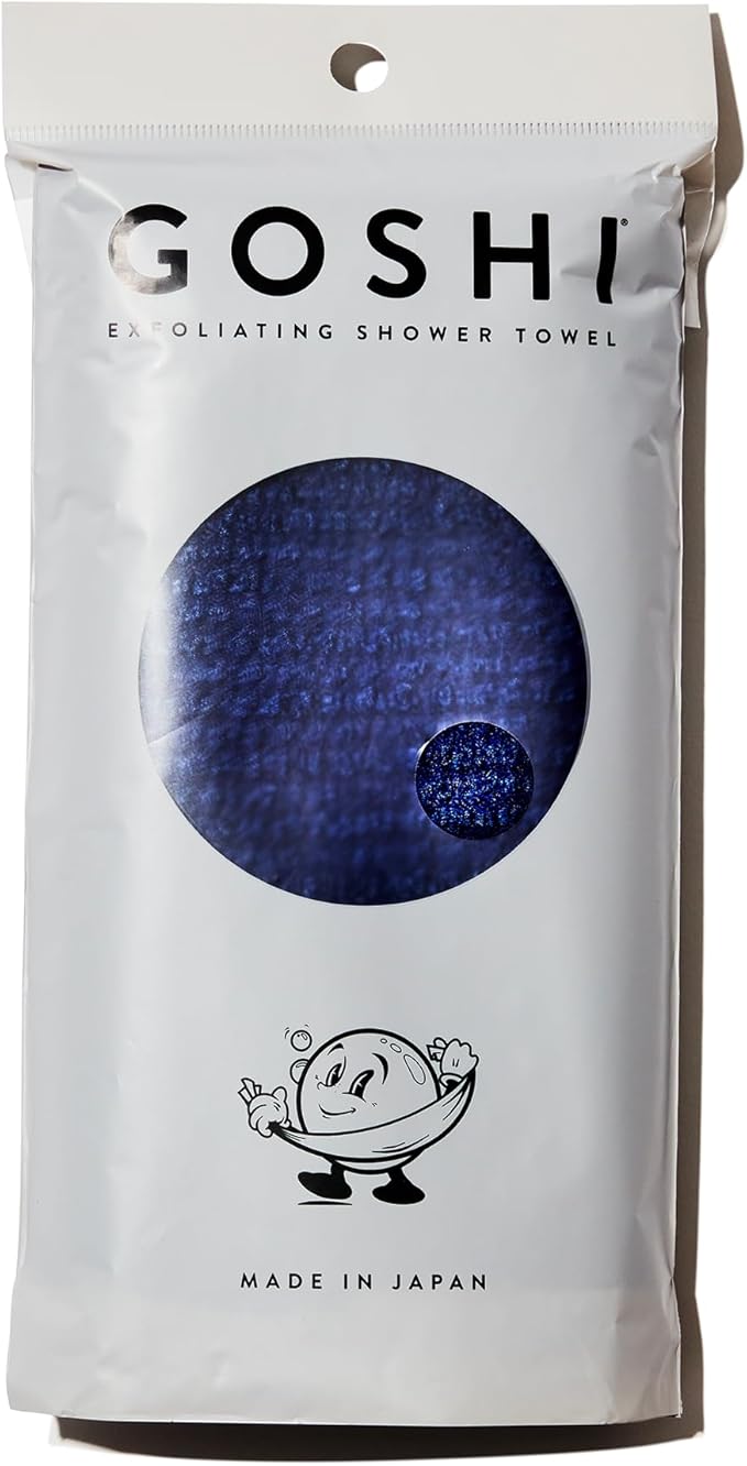 GOSHI Exfoliating Shower Towel - Long Body Scrubber for Back Acne, KP & Smooth Skin - Durable Rip-Resistant Weave, Quick-Dry Nylon Washcloth - Ethically Crafted in Gunma, Japan - Blue