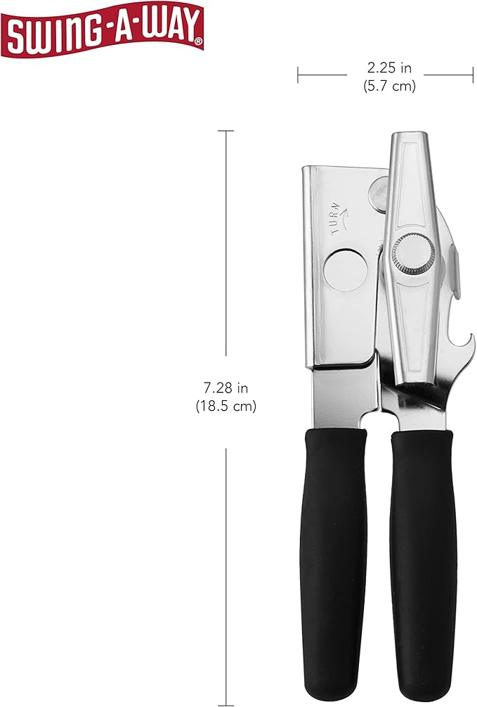 Swing-A-Way 8.6" Portable Can Opener with Sharp Blade, Manual Handheld, 2-in-1 Can & Bottle Opener, Made of Steel, Easy Turn Knob, Kitchen Essential for Cans, Bottles & Jars - 2-Pack (White & Black)