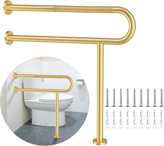Toilet Support Rail 32 Inch, Munzong Anti-Slip Gold Handicap Grab Bar for Bathroom, Stainless Steel Knurled Safety handrails with Leg for Elderly Disabled Pregnant-1.25’Tube