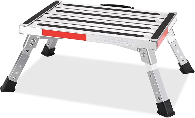 Safety RV Steps, Yagud Height Adjustable Folding Platform Step with 17" X 12" Anti-Slip Surface, Rubber Feet, Handle, Reflective Strips, and T Level, Aluminum RV Step Stool Supports Up to 1000lbs