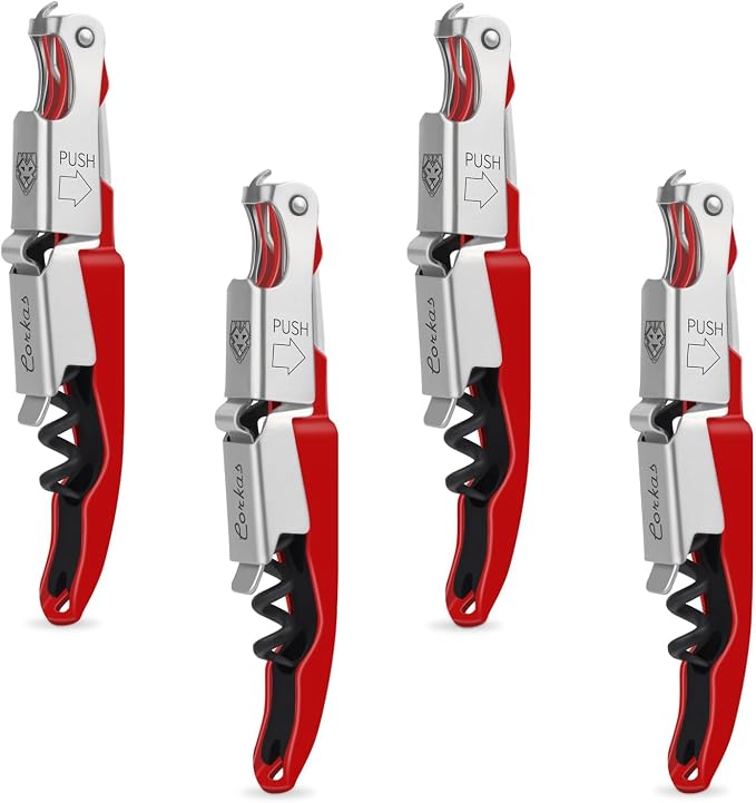 CORKAS Wine Key - Professional Handcrafted Heavy Duty Waiter Corkscrew, Compact Wine Opener with Double Hinged, Foil Cutter and Bottle Opener, Gifts for Severs, Sommelier, Bartenders (4Pack-Red)