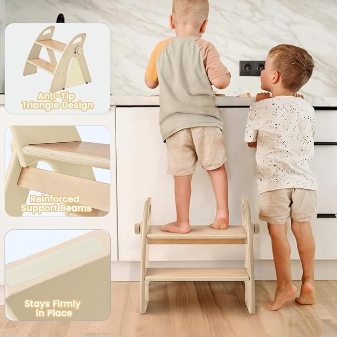 Wooden 2 Step Stool for Toddlers, Foldable 2-Step with Non-Slip Pads and Handles, Bamboo Step Stool for Kids Bathroom Sink and Potty Training, Kitchen Helper, Nursery Bedroom (Log Color)