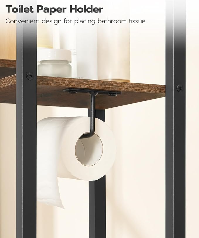 HOOBRO Over The Toilet Storage, 8-Tier Bathroom Organizer Over Toilet Shelf, Storage Rack Above Toilet Stand, Freestanding Space Saver, Toilet Paper Holder, Rustic Brown and Black BF86TS01