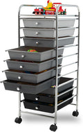 10-Drawer Rolling Storage Cart, Trolley w/Lockable 360° Wheels, 10 Removable PP Drawers, Sturdy Metal Frame, Rolling Utility Cart Perfect for Home, Office, Classroom (Mixed Black)