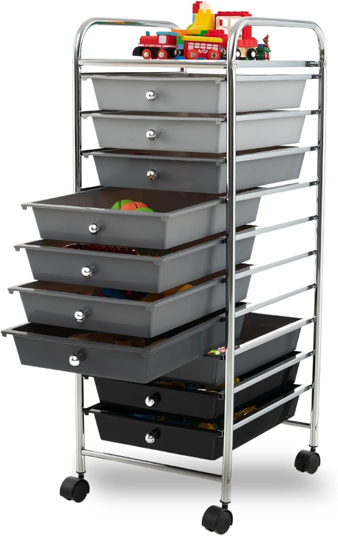 10-Drawer Rolling Storage Cart, Trolley w/Lockable 360° Wheels, 10 Removable PP Drawers, Sturdy Metal Frame, Rolling Utility Cart Perfect for Home, Office, Classroom (Mixed Black)