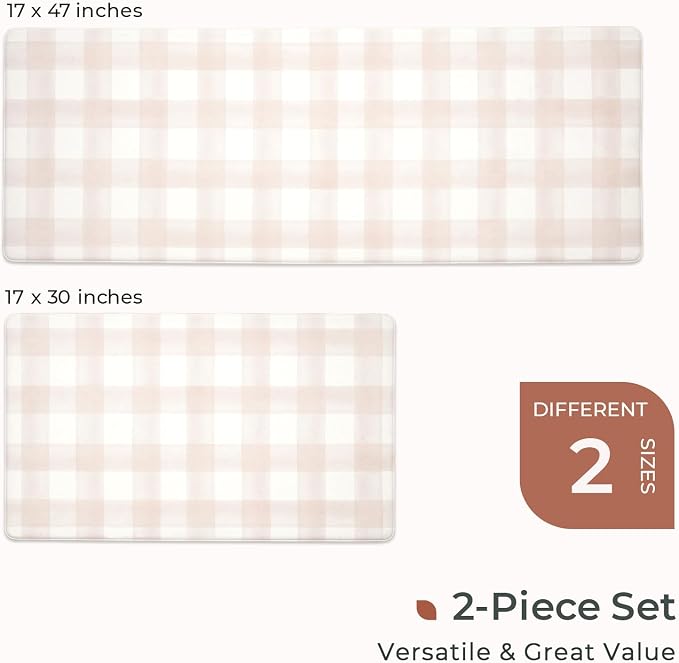 FRESHMINT Modern Farmhouse Plaid 2 Piece Set Kitchen Mats for Floor Anti Fatigue Waterproof & Non-Skid Kitchen Rugs Cushioned Kitchen Mat for Standing Washable Comfort Desk Kitchen Runners