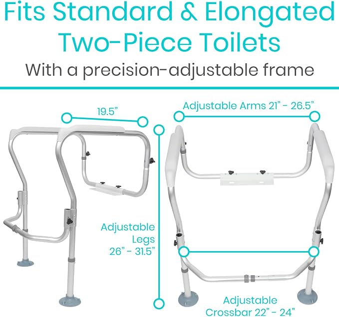 Vive Toilet Safety Rail Frame - Toilet Grab Bars for Elderly, Disabled - Assist Support Rails with Padded Handles - Stand Alone for Bathroom - Adjustable Non Slip for Adults, Seniors, Handicapped