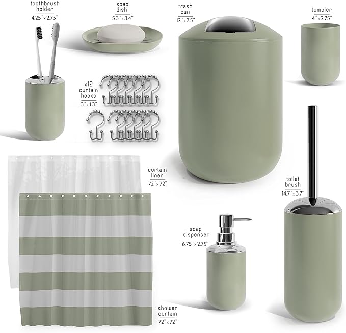 Clara Clark Bathroom Set - Sage Green Bathroom Accessories Set, 20PC Bathroom Accessory Set, Shower Curtain Set with Liner, Toothbrush Holder, Soap Dispenser, Soap Dish, and Toilet Brush Holder