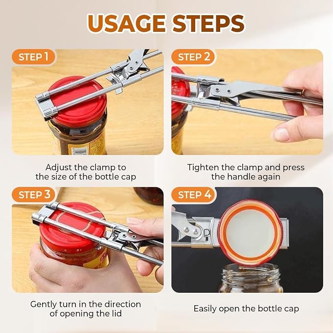 Adjustable Stainless Steel Jar Opener - Easy-Grip Kitchen Gadget for Jars, Bottles & Lids, User-Friendly Leverage Design,Effortless Grip for Seniors & Weak Hands (2 PC)