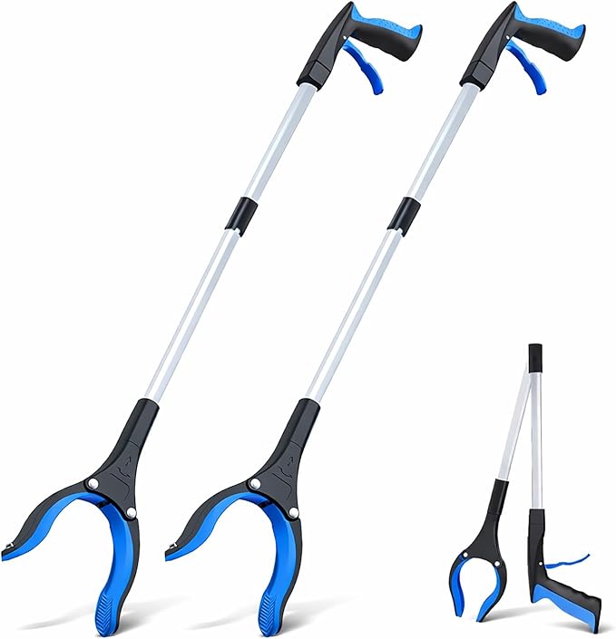 Grabber Reacher Tool - 32” Extra Long Foldable Gripper and Reaching Tool - Heavy Duty Pick Up Stick Grabbers for Seniors, Trash, Surgery Recovery Must Haves Gifts (Blue-2pc)