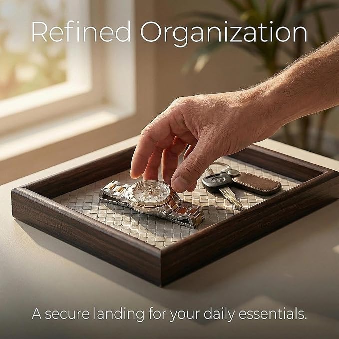 Wooden Valet Tray with Leather Base - Nightstand Catchall Organizer for Cologne, Perfume, Keys, Wallet, Phone, Watch, Jewelry & Sunglasses (Llight Gray)