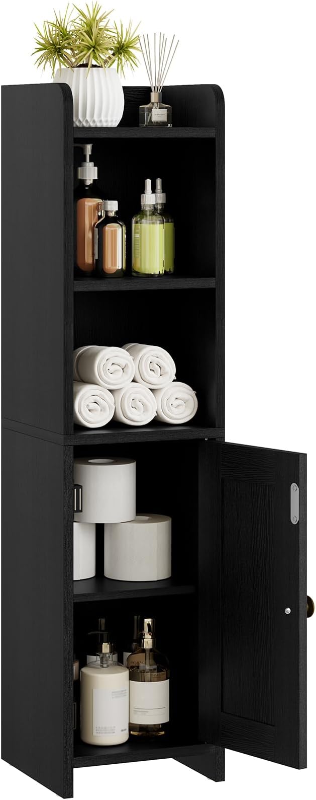 Lomojo Small Bathroom Storage Cabinet, Toilet CabinetFreestanding Bathroom Organizer for Small Spaces, Narrow Toilet Paper Corner Floor with Door and Shelves,Black