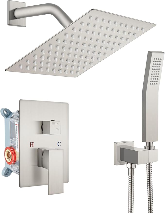 gotonovo Rainfall Bathroom Shower System Rain Shower Head and Handle Set Wall Mounted Shower Complete Combo Solid Brass Pressure Balancing Shower Mixer Valve 8 Inch Brushed Nickel