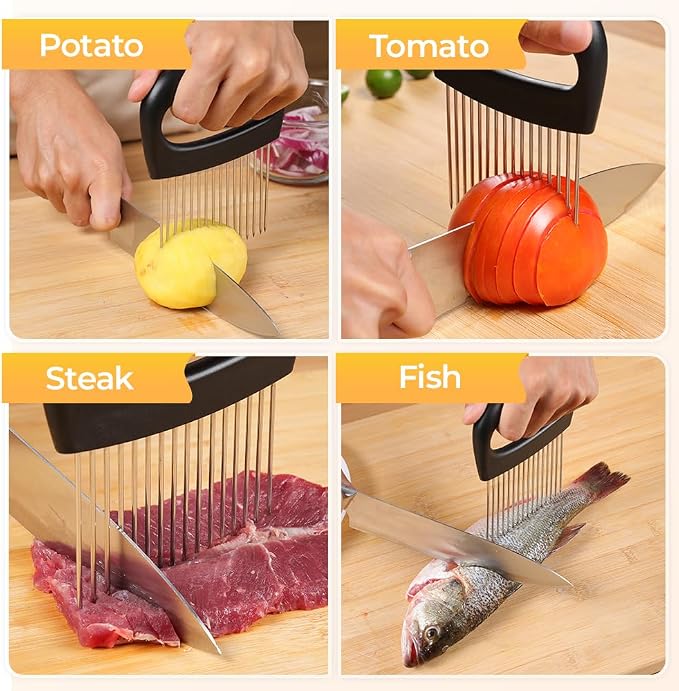 2025 New Onion Slicer Holder - Stainless Steel Meat Vegetable Slicer for Tomatoes, Lemons, Potatoes - Kitchen Gadget with Comfy Non-Slip Grip (3)