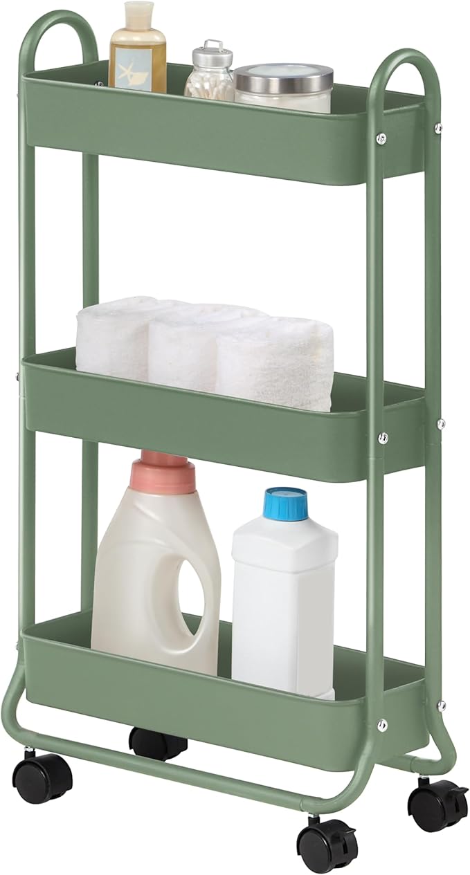 SunnyPoint Slim Rolling Storage Cart, 3 Tier Bathroom Storage Organizer Bathroom, Laundry Utility Cart (Turq)