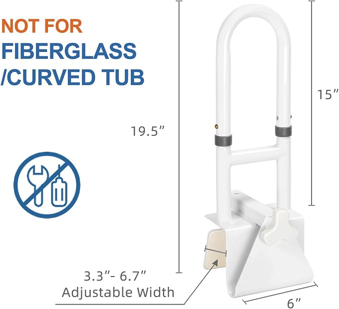 HEPO Adjustable Bathtub Safety Rail for Elderly, Tub Grab Bar for Bathroom, Assistance Bathtub Handle Clamp for Seniors Bath Handles Support and Fall Prevention, White