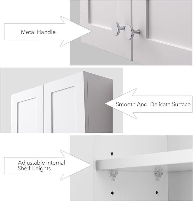 VANIRROR White Wall Mount Cabinet, MDF Over the Toilet Storage Cabinet with Adjustable Shelves, Space Saver 2 Door Medicine Cabinet for Bathroom Laundry Kitchen, 19x 27in, No Paint Odor