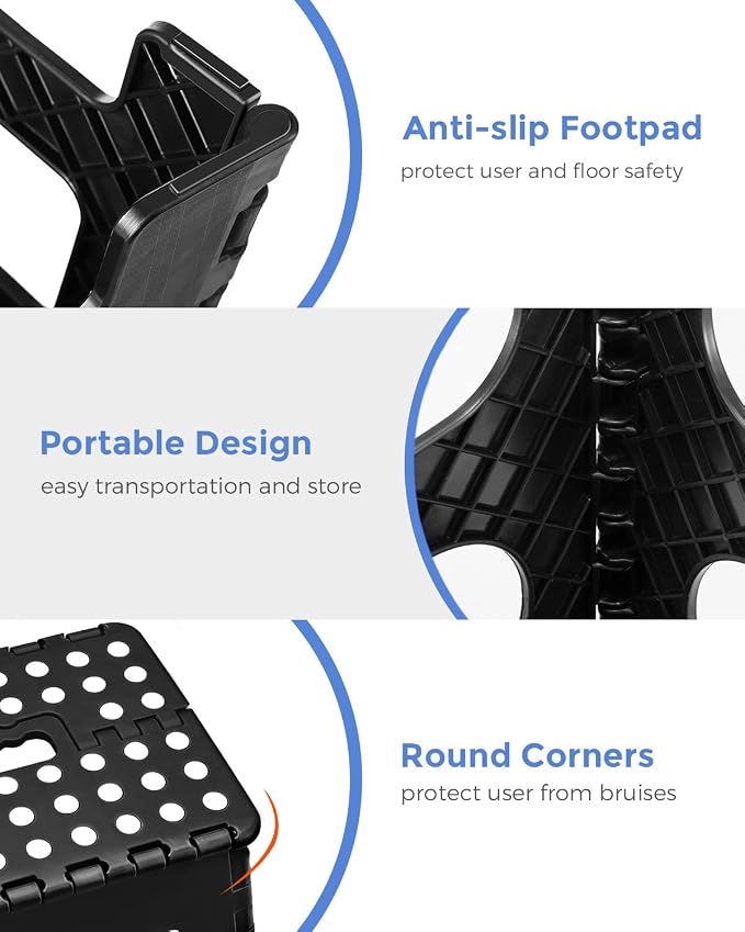 ACKO 11 inch Folding Step Stool Lightweight Plastic Step Stool - 2 Pack - Foldable Step Stools for Adults,Non Slip Folding Stools for Kitchen Bathroom Bedroom (Black, 2 Pack)
