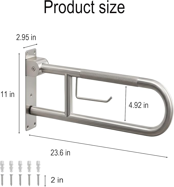 Grab Bar for Toilet,23.6" Flip-Up Toilet Grab Bar with Paper Holder,304 Stainless Steel Bathroom Safety Rail, Anti-Slip Folding Handicap Grab Bar for Seniors, Elderly & Disabled