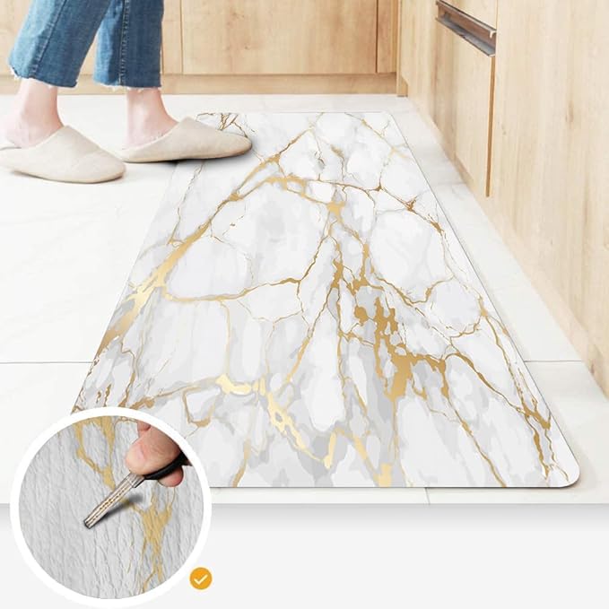 Mrcrypos Gold White Kitchen Rugs Cushioned Anti Fatigue Marble Kitchen Runner Rug PVC Waterproof Leather Long Kitchen Rug Non Slip Floor Comfort Mat for Kitchen Sink Laundry Office 23.5" W x 70" L