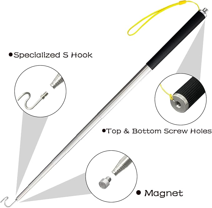 Telescoping Pole with Hook Magnetic Pickup Grabber Tool, Telescopic Push Pull Rod Wire Grabber Tool Fish Stick, Telescopic Magnetic Pick-Up Tool