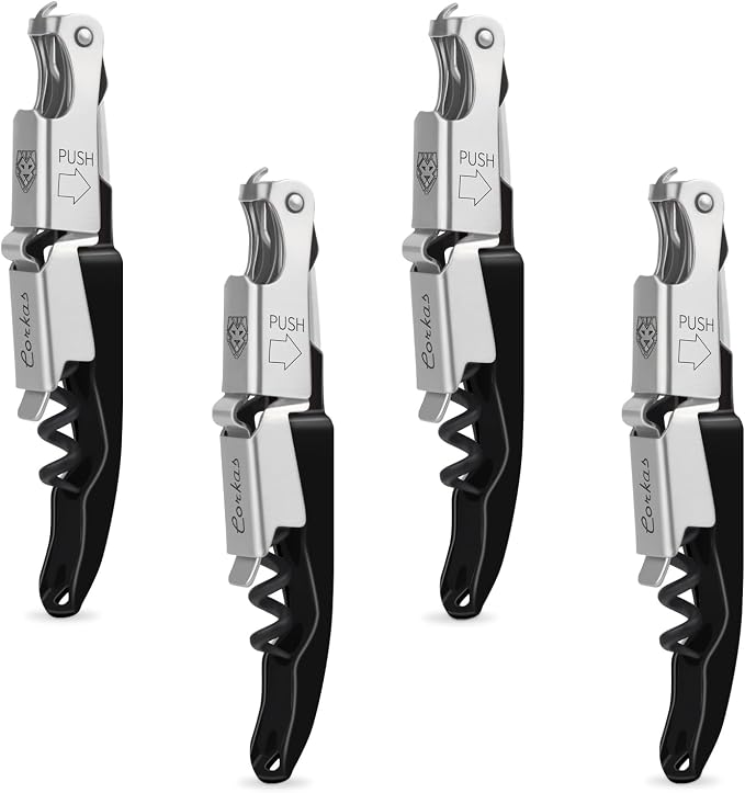 CORKAS Wine Key - Professional Handcrafted Heavy Duty Waiter Corkscrew, Compact Wine Opener with Double Hinged, Foil Cutter and Bottle Opener, Gifts for Severs, Sommelier, Bartenders (4Pack-Black)