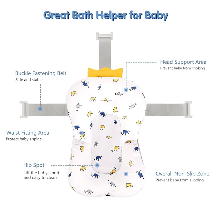 Colorlife Baby Bath Seat Support Net Infant Bathing Seat Support Mat, Adjustable Comfortable Non-Slip Three-Pointed Baby Shower Net Bathtub Sit Up Mesh for Newborn 0-12 Months-Crown(No Bathtub)