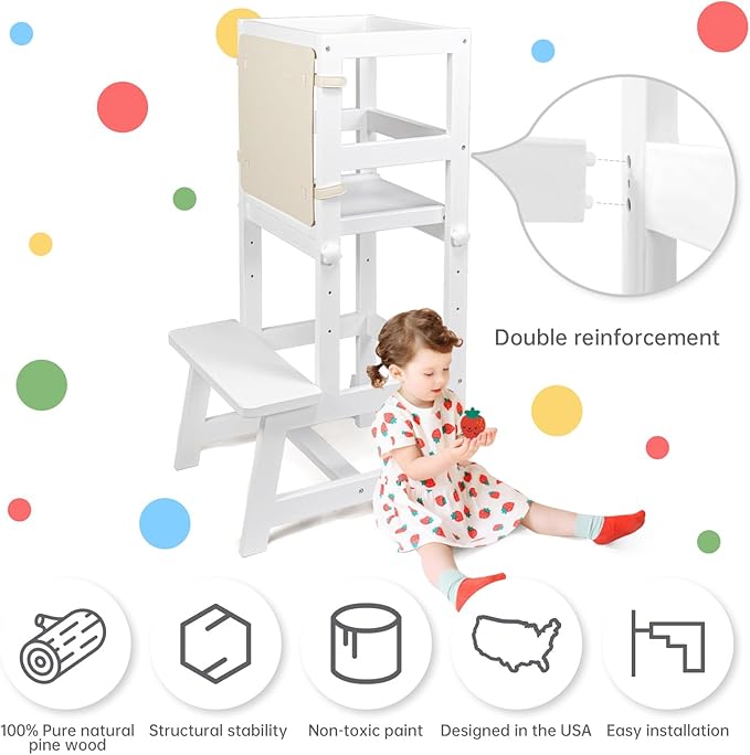 Kitchen Step Stool for Toddlers with Non-Slip Mat, WOOD CITY Wooden Kids Montessori Learning Stool Tower, Toddler Standing Tower Helper for Kitchen Counter and Bathroom Sink(White-Adjustable)
