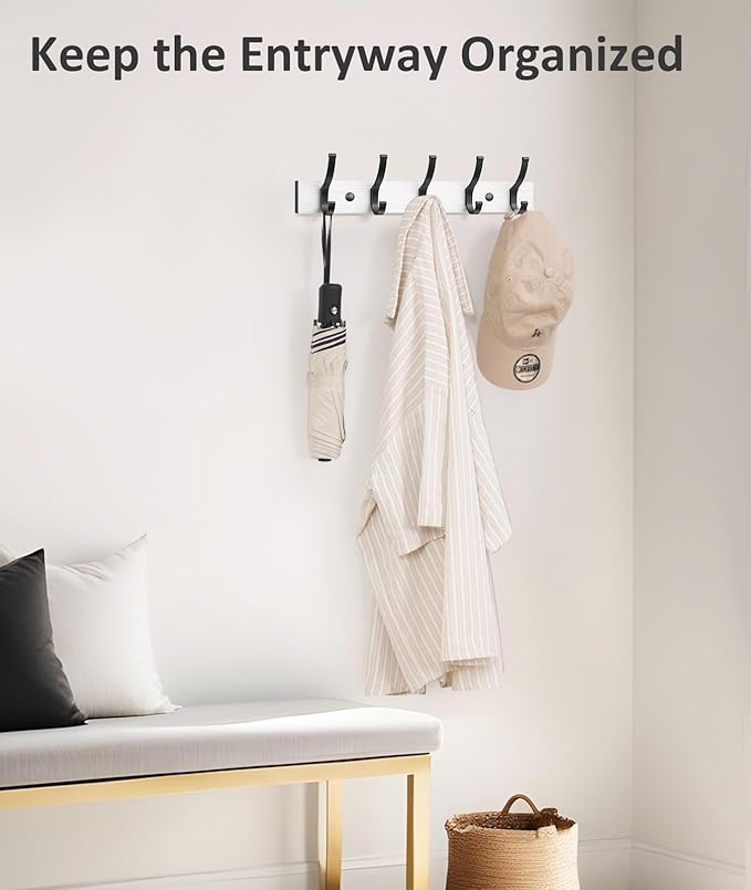 Optish Coat Rack Wall Mount, 16.5 Inches Wood Coat Hooks Wall Mount, Wall Coat Rack with 5 Hooks, Hat Rack Wall Hooks for Hanging Coat, Bag, Towel (2Pack, White)