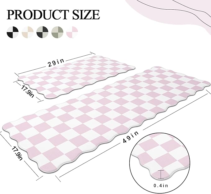 Scalloped Pink Checkered Grid Checkerboard Kitchen Rug Sets [2 PCs], Anti-Fatigue, Waterproof Non-Slip Kitchen Mats Heavy Duty Ergonomic Comfort Foam Rug for Floor, Laundry,17"x29"+17"x47"