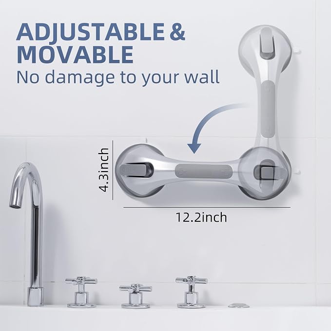 Grab Bars for Shower, Suction Cup 12 inch, 2 Pack Grab Bars for Bathtubs, Bathroom Safety Grip Shower Handle for Elderly and Seniors, Bath Handrails Removable Waterproof No Drilling Silver