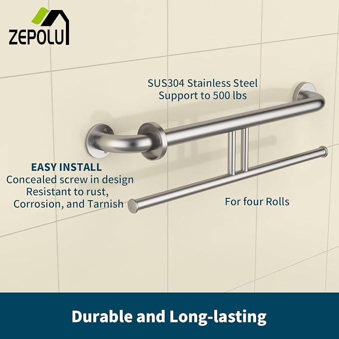 Brushed Nickel Double Toilet Paper Holder w/Safety Bar 24 inch, Zepolu 2-in-1 Assist Bar Balanced Support Handle, Stainless Steel Wall Mounted Bathroom Toilet Grab Bar for Senior Elderly Handicap