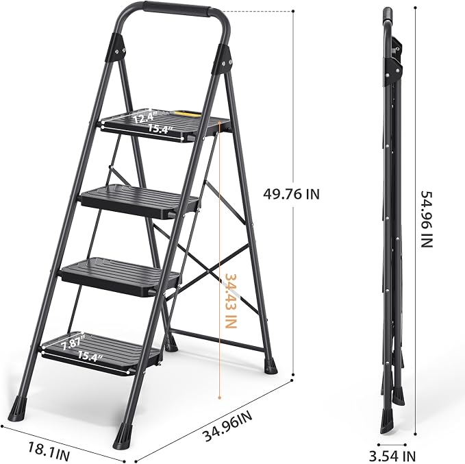 TOOLF 4 Step Ladder, Sturdy Steel Step Stool with Anti-Slip Wide Pedals, Handrail, Safe-Lock Design, Folding Portable Ladder for Multi-Purpose, Home, Kitchen, Pass 800lbs Load Testing, Black