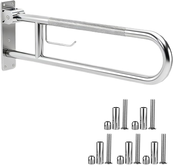 22.5 Inch Toilet Grab Bar, HUAS Chrome Anti Slip Bathroom Toilet Safety Rails, U Shaped Flip-Up Handicap Grab Bars w/Paper Holder, Stainless Steel Support Handrail for Elderly Disabled Senior