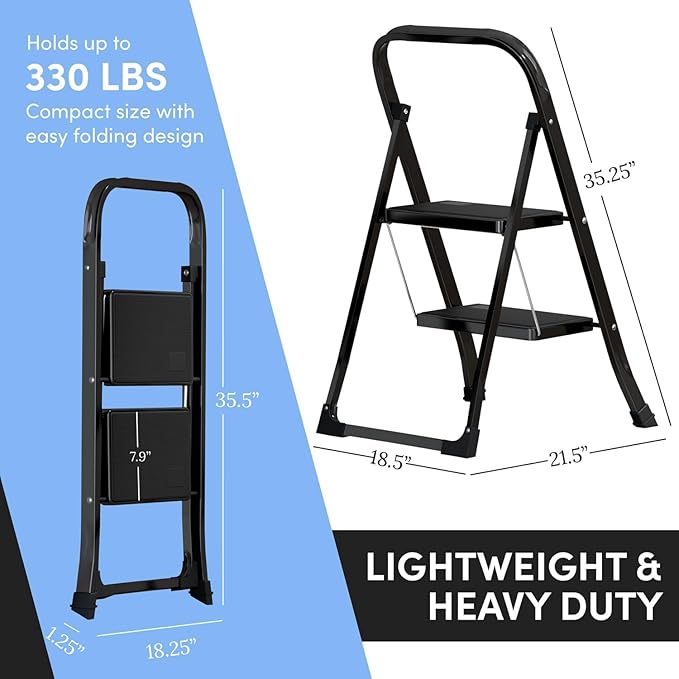 2-Step Ladder with Wide Anti-Slip Platform & Thick Rubber Feet | Heavy Duty Foldable & Portable | 330 lbs Capacity, Steel Frame, Rubber Handgrip, Folding Step Stool
