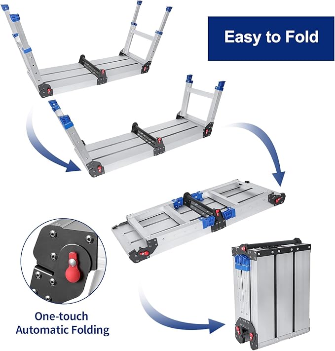 Foldable Aluminum Work Platform, 12.7 lb, Easy-Installation, Capacity of 500 lbs, Non-Slip, Step Stool for Adults with Adjustable Height, Heavy Duty & Portable Step Ladder