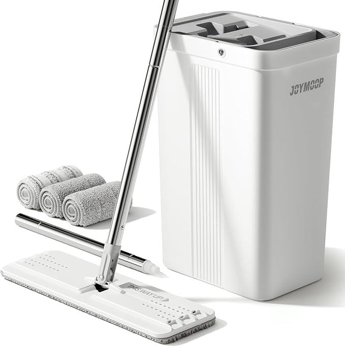 JOYMOOP Flat Mop System, Microfiber Mop and Bucket Set, White, Household & Commercial Floor Cleaning Mop with Long Handle, Includes 3 Microfiber Pads