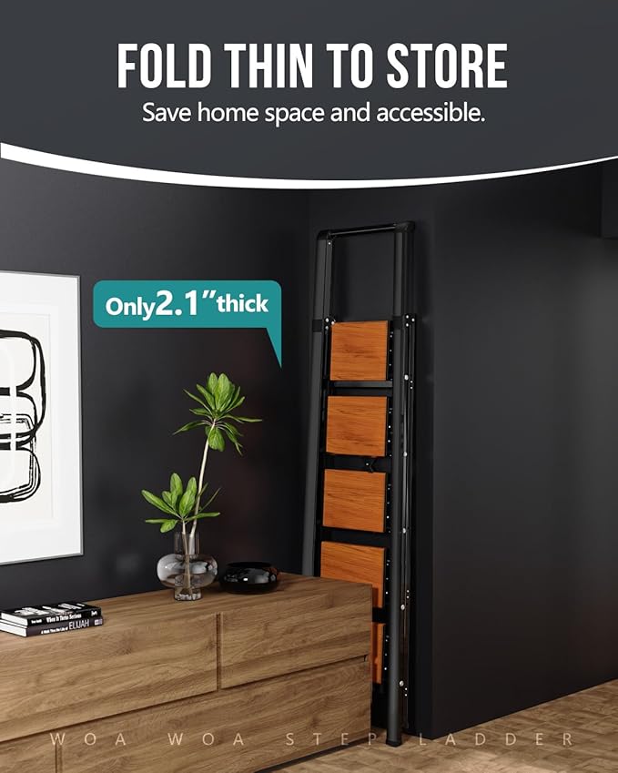 WOA WOA 5 Step Ladder, Ladders for Home, Anti-Slip Pedals, Aluminum Step Stool Foldable, Lightweight to Move, Ease of Storage, Reach 10ft for Closet Kitchen Library, Hold 300lbs - Black&Wood Grain