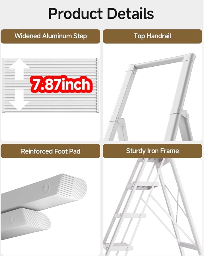 SOLADDER 6 Step Ladder with Handrails, Anti-Slip and Foldable Step Stool with Widen Pedals, Portable Stepladders for Home, Kitchen and Indoor, Space Saving -300lbs (White)